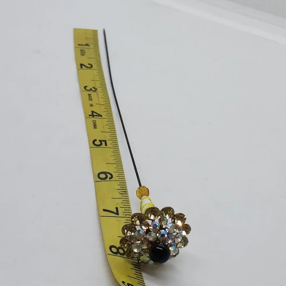 Vintage Rhinestone Stick Pin AB Crystal Black Bead Art Glass Hat Pin Estate